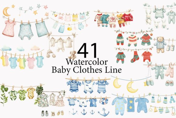 Baby Clothes Line Watercolor Clipart