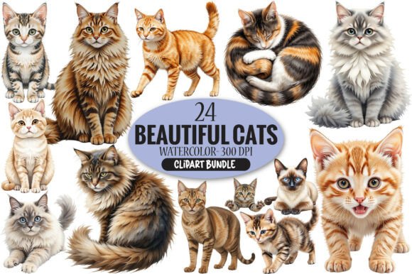 Beautiful Watercolor Cats Clipart Bundle