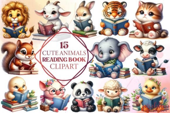 Cute Animals Reading Book Clipart for Playful Branding