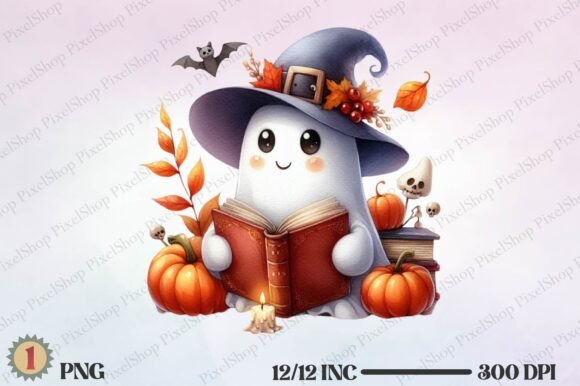 Cute Ghost Read Book PNG for Fall & Halloween Projects