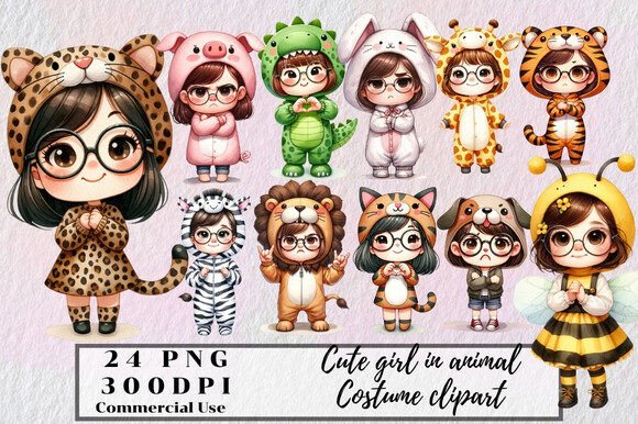 Cute Girl in Animals Costume Clipart – A Designer’s Go-To Asset