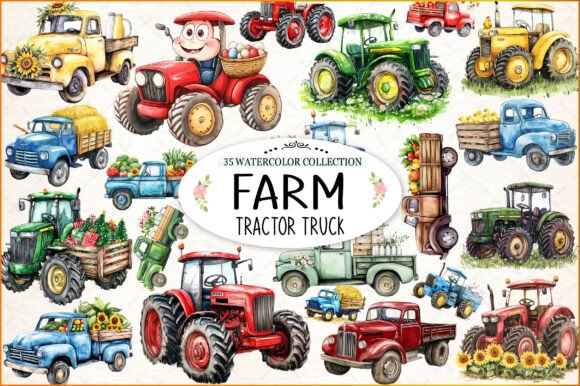 Farm Tractor Truck Watercolor Clipart for Design Projects