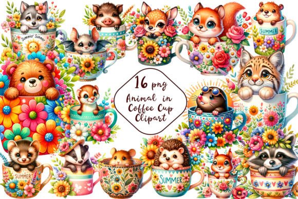 Forest Animals in Coffee Cup Clipart