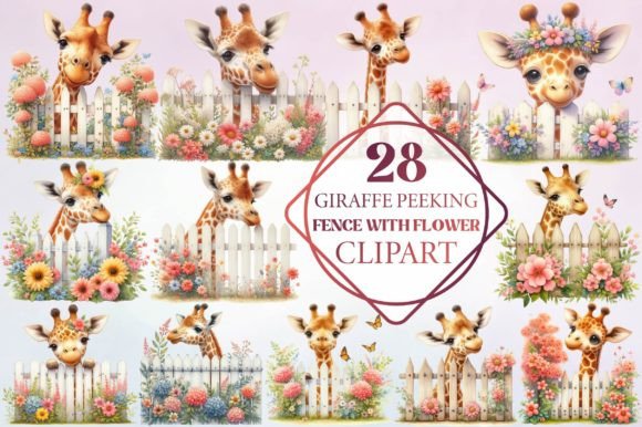 Giraffe Peeking Fence with Flower