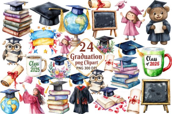 Graduation Watercolor Clipart for Design Projects