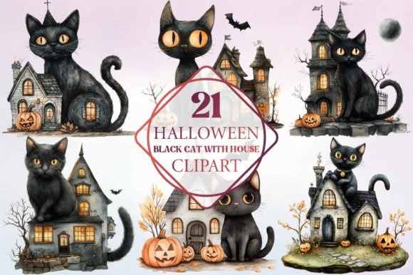 Halloween Black Cat with House Clipart