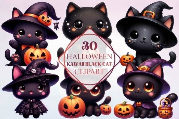 Halloween Kawaii Black Cat Clipart for Creative Projects
