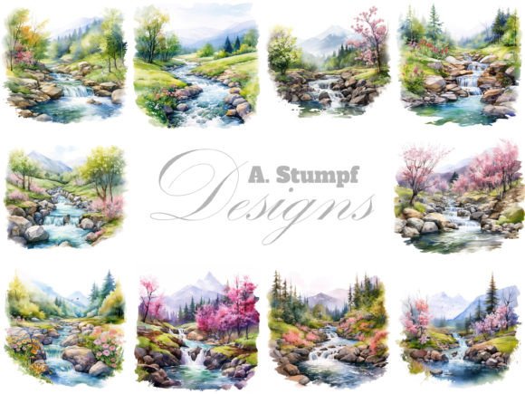 Mountain Stream Spring Landscape Clipart for Design Projects