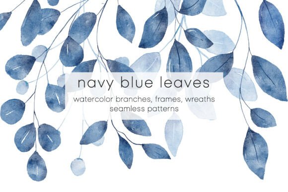 Navy Blue Leaves Watercolor Set