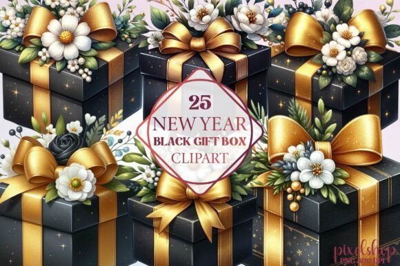 New Year Black Gift Box Clipart for Modern Design Projects