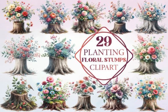 Planting Floral Stumps Clipart for Creative Projects