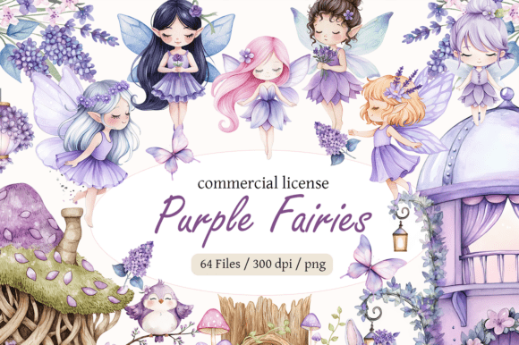 Purple Fairy Clipart Bundle Watercolor: A Whimsical Design Asset for Creatives