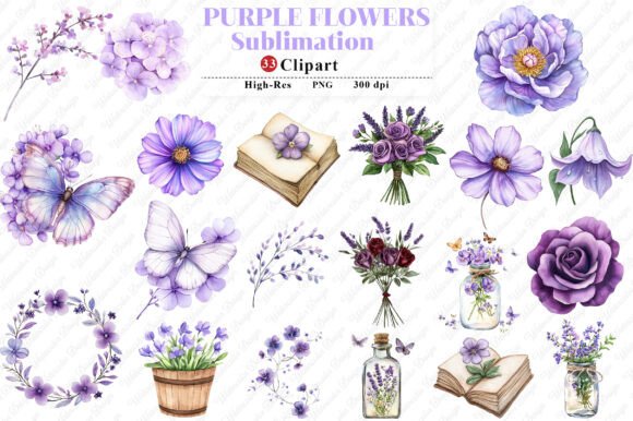 Purple Flowers Watercolor Flower Clipart for Design