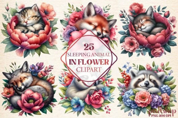 Sleeping Animal in Flower Clipart for Creatives