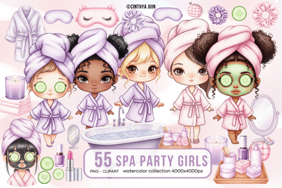 Spa Party Girls Watercolor Clipart for Creative Projects
