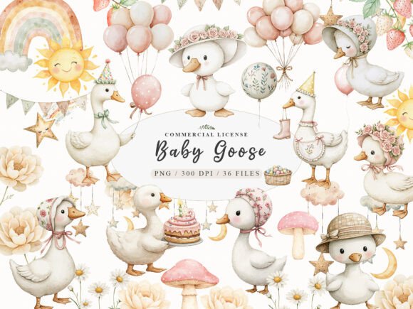 Watercolor Baby White Goose Birthday PNG Guide