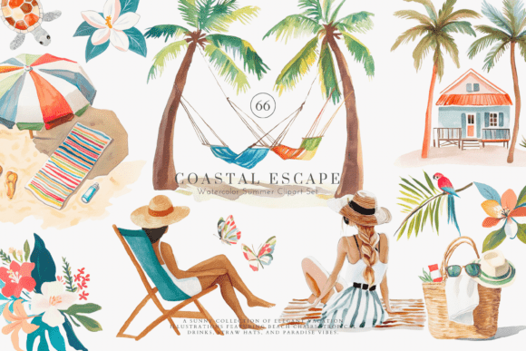 Watercolor Beach Clipart Set: Coastal Charm for Design