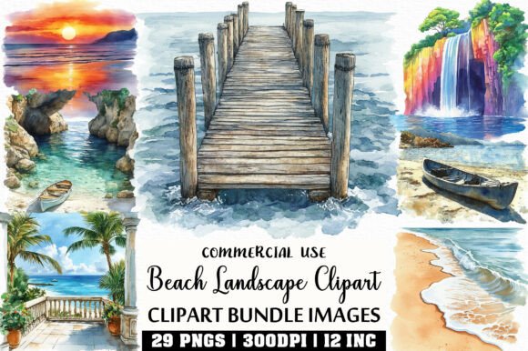 Watercolor Beach Landscape Clipart: Artful Design Tool