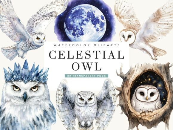 Watercolor Celestial Owl Clipart Bundle