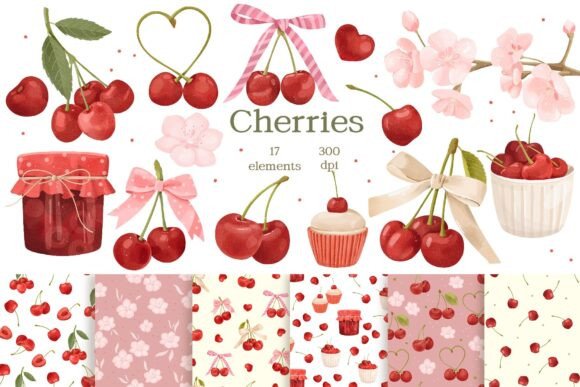 Watercolor Cherry and Bow Clipart for Creative Projects
