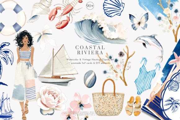 Watercolor Coastal Decor Clipart Set for Designers