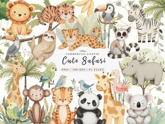Watercolor Cute Boho Baby Safari Animals