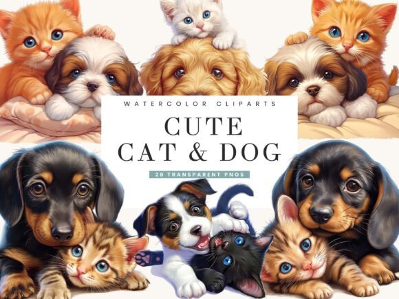 Watercolor Cute Cat Dog Clipart Bundle