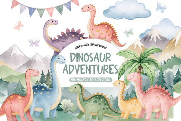 Watercolor Cute Dinosaur Clipart Set