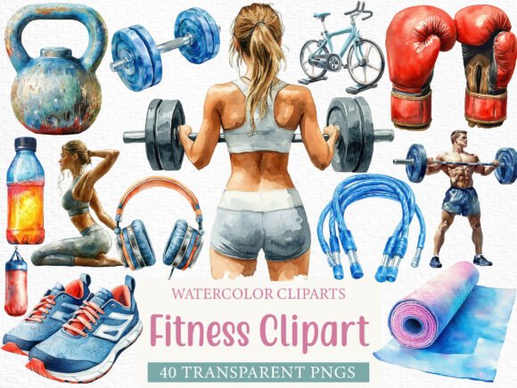 Watercolor Fitness Clipart Bundle