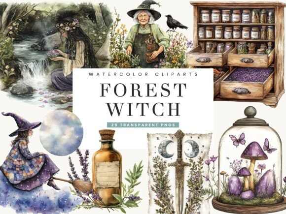 Watercolor Forest Witch Clipart for Creative Projects