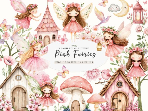 Watercolor Magical Garden Pink Fairies