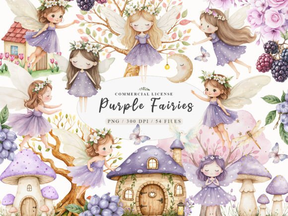Watercolor Magical Garden Purple Fairies