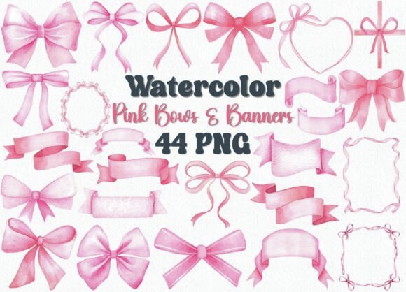 Watercolor Pink Bows Clipart Set: 44 PNG Assets for Branding and Design