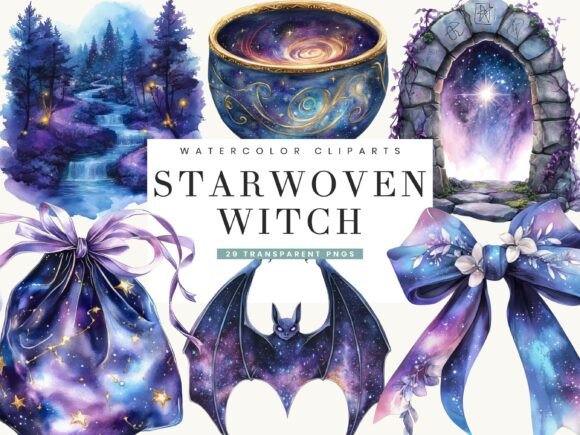 Watercolor Star Woven Witch Clip Art for Creative Projects