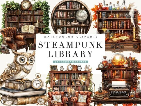 Watercolor Steampunk Library Clipart for Creative Projects