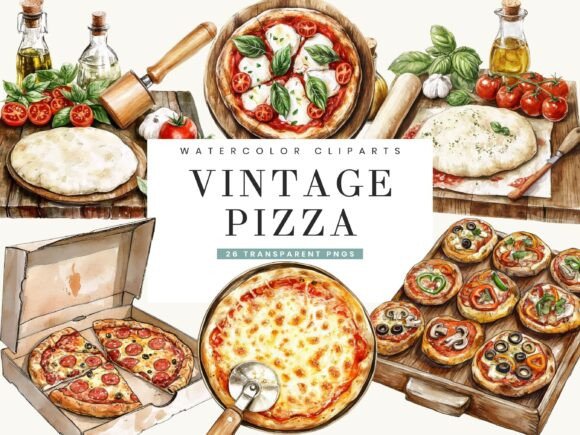 Watercolor Vintage Pizza Clipart for Brand Design