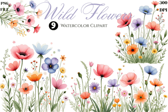 Watercolor Wild Flowers Cliparts Bundle