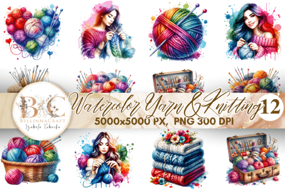 Watercolor Yarn and Knitting Clipart Set